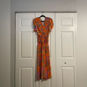 FARM Rio x Anthropologie Short Sleeve V Neck Ruched Midi Dress in Peony Orange